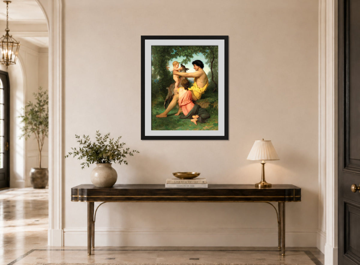 William-Adolphe Bouguereau Print, Idylle; famille antique displayed above a console table