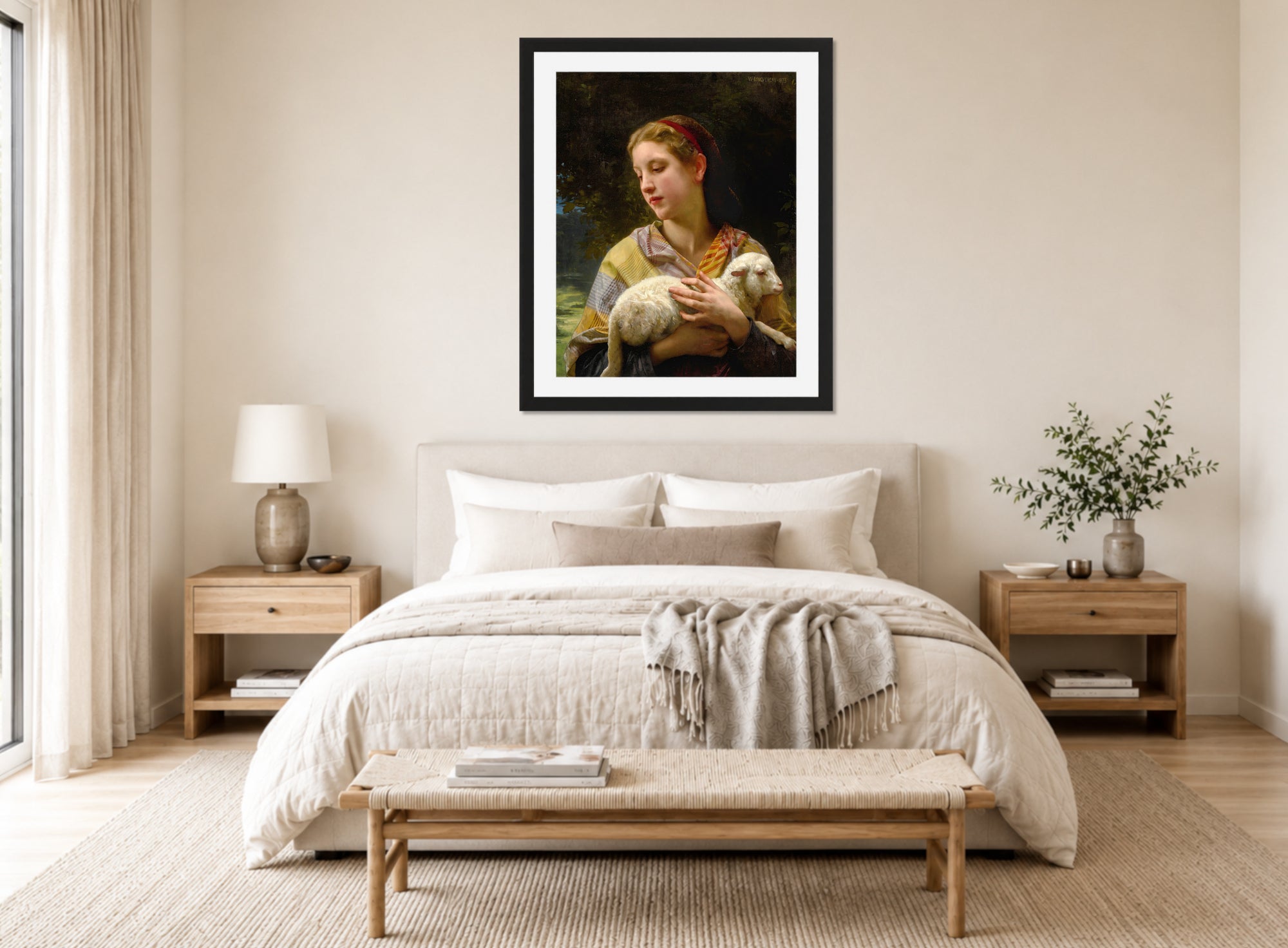 William-Adolphe Bouguereau Print, Innocence (1873) displayed above a bed
