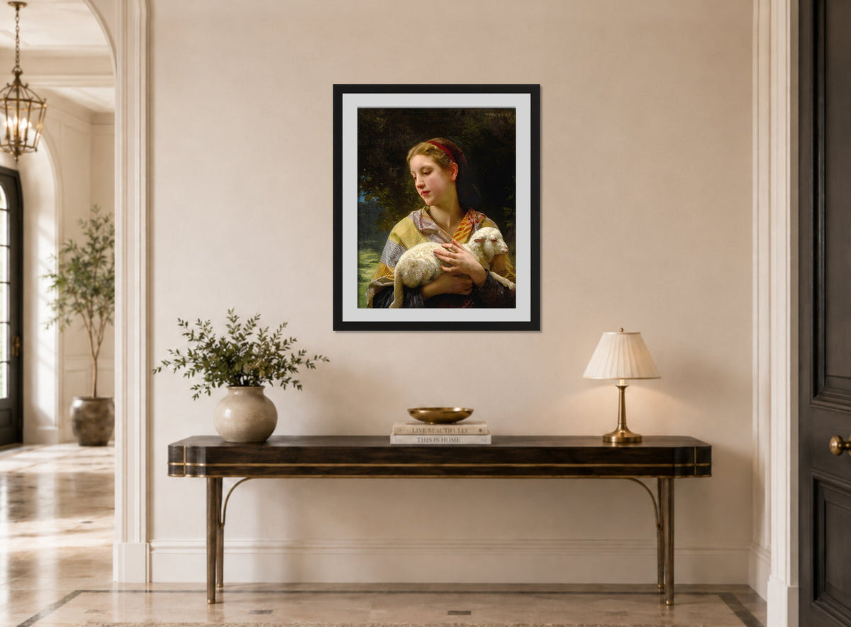 William-Adolphe Bouguereau Print, Innocence (1873) displayed above a console table