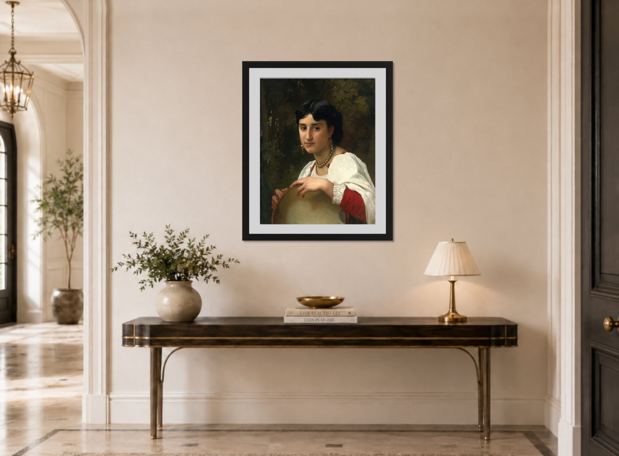 William-Adolphe Bouguereau Print, Italienne Au Tambourin (1869) displayed above a console table