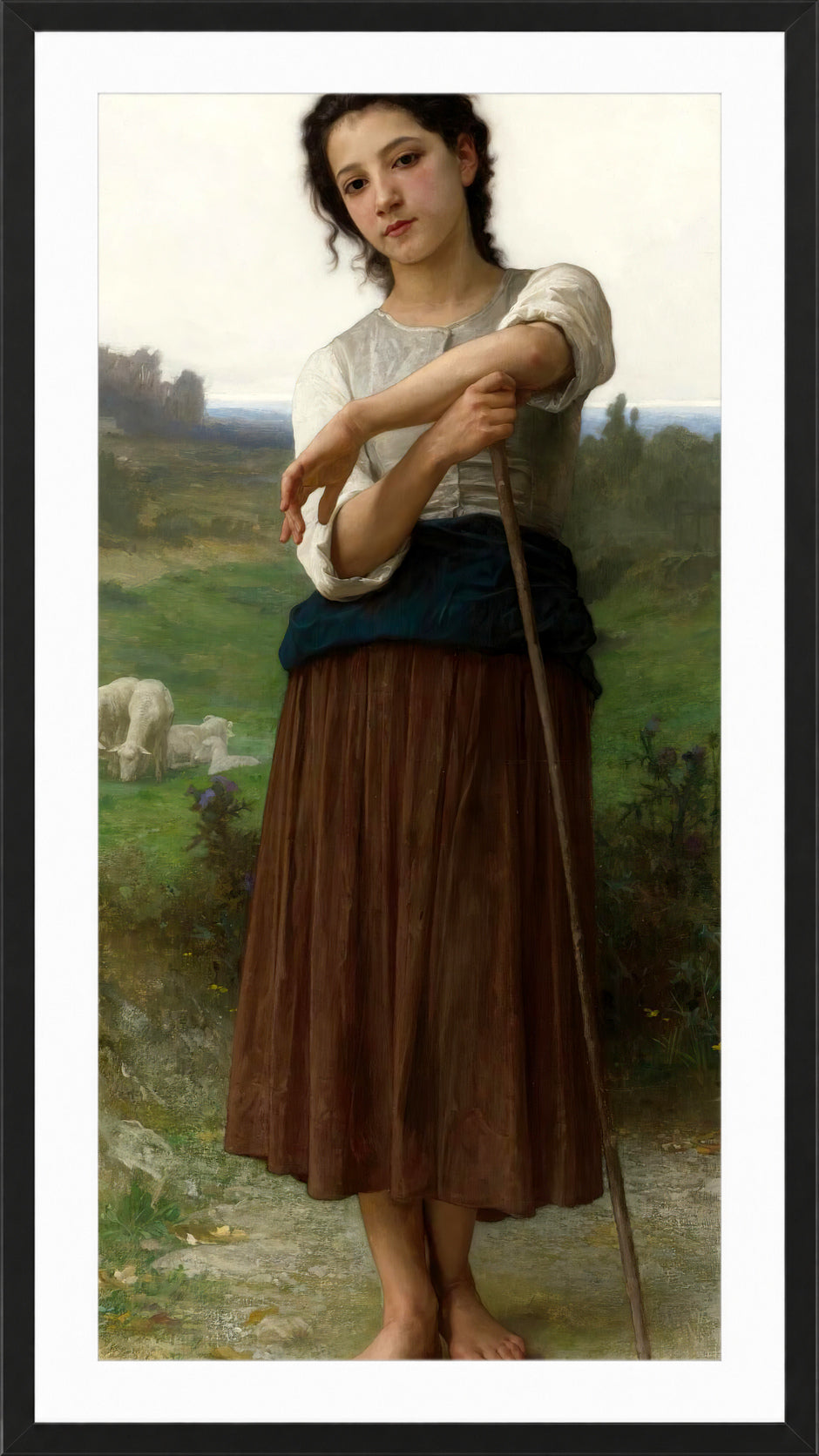 William-Adolphe Bouguereau Print, Jeune bergère debout (1887) in a black frame