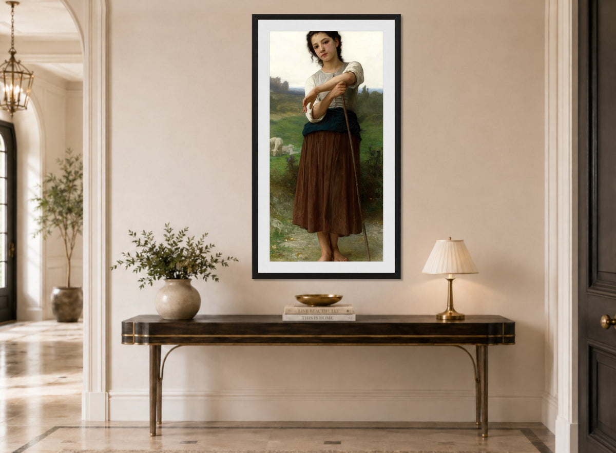 William-Adolphe Bouguereau Print, Jeune bergère debout (1887) displayed above a console table