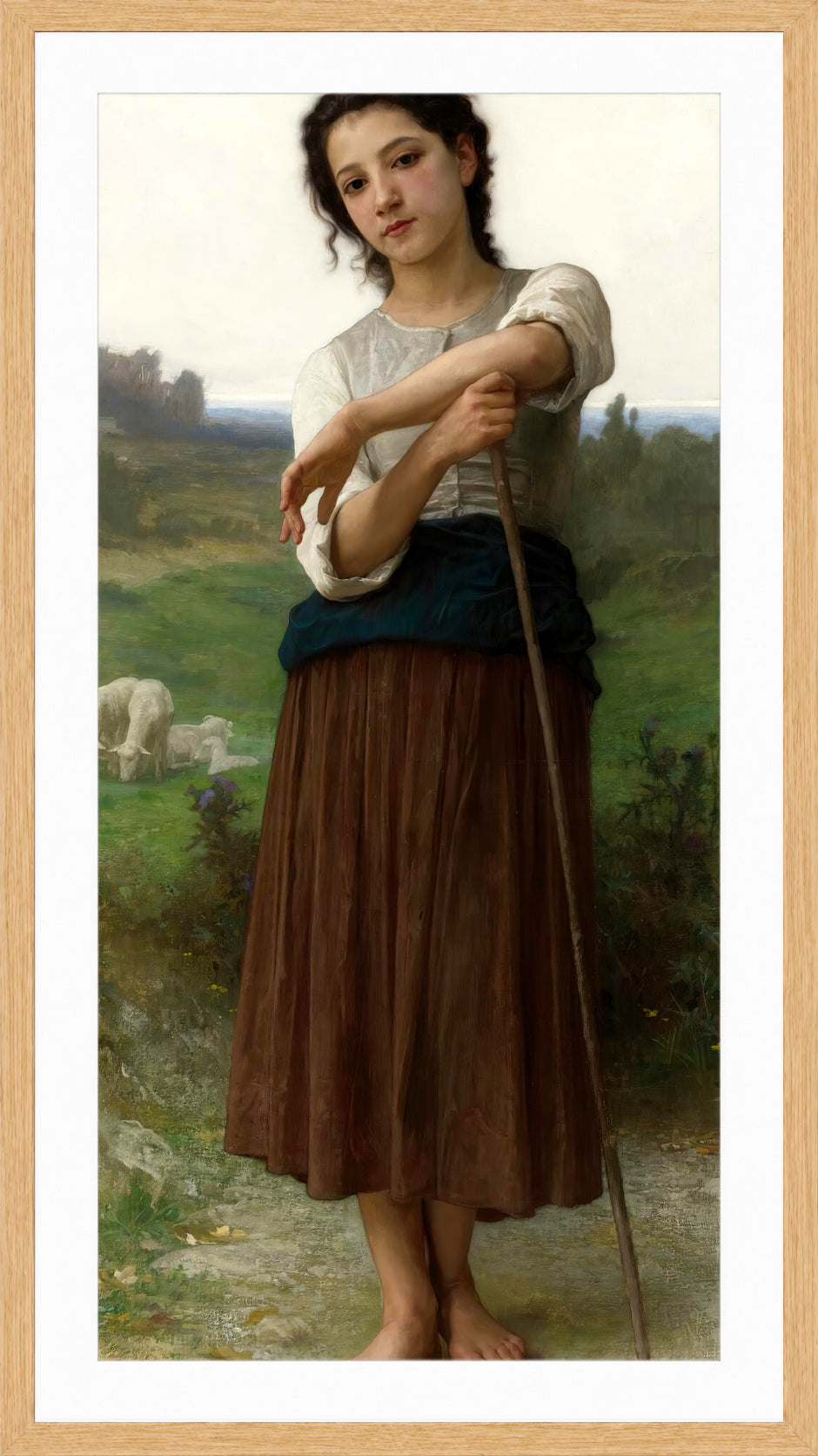 William-Adolphe Bouguereau Print, Jeune bergère debout (1887) in a light oak frame