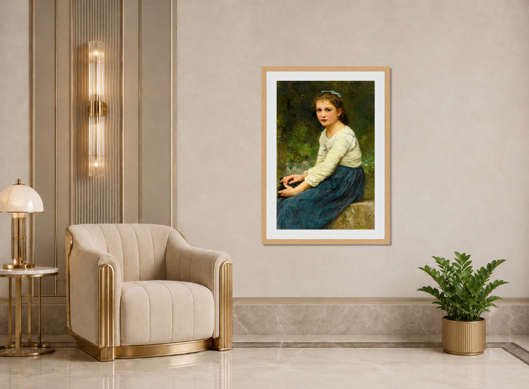 William-Adolphe Bouguereau Print, Jeune Fille Aux Raisins (1904) displayed in an Art Deco interior