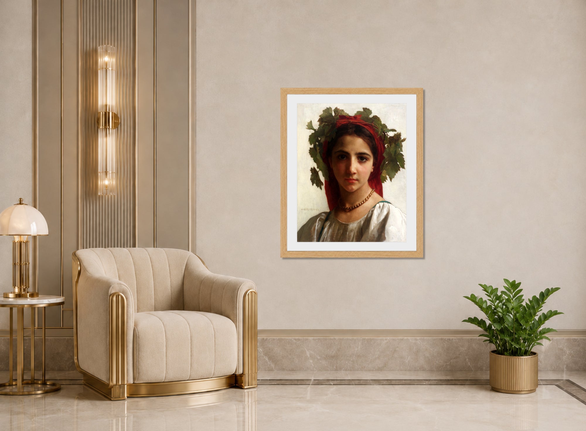 William-Adolphe Bouguereau Print, Jeune fille couronnée de pampres (1874) displayed in an Art Deco interior