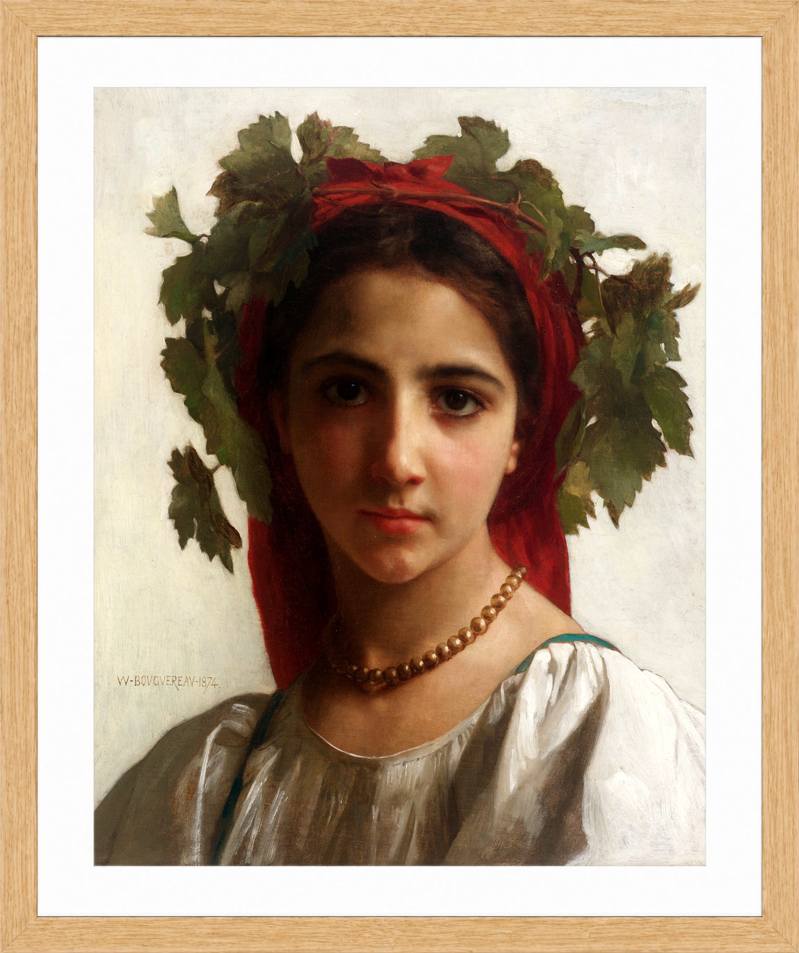 William-Adolphe Bouguereau Print, Jeune fille couronnée de pampres (1874) in a light oak frame