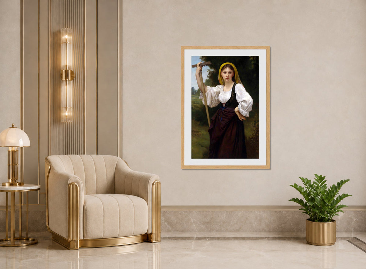 William-Adolphe Bouguereau Print, La faneuse (1870) displayed in an Art Deco interior