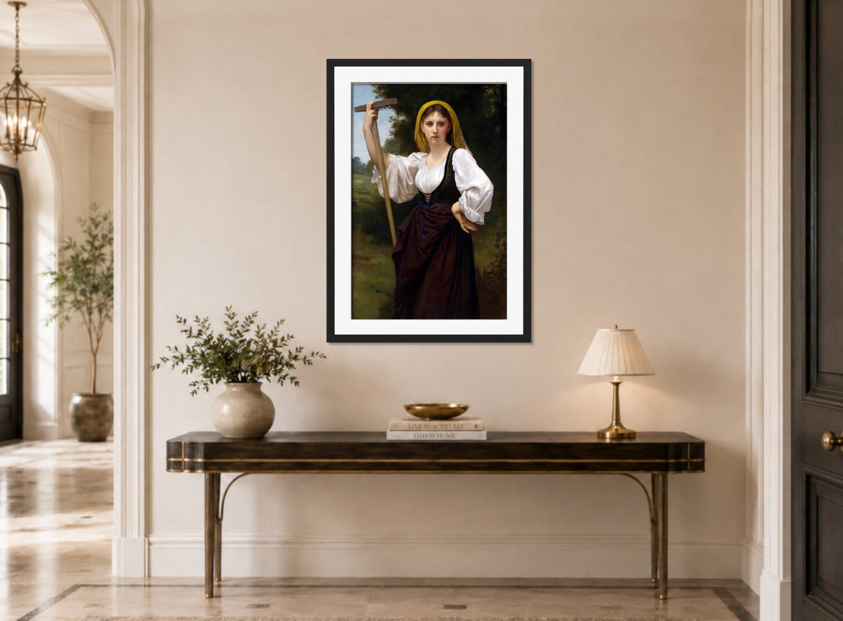 William-Adolphe Bouguereau Print, La faneuse (1870) displayed above a console table