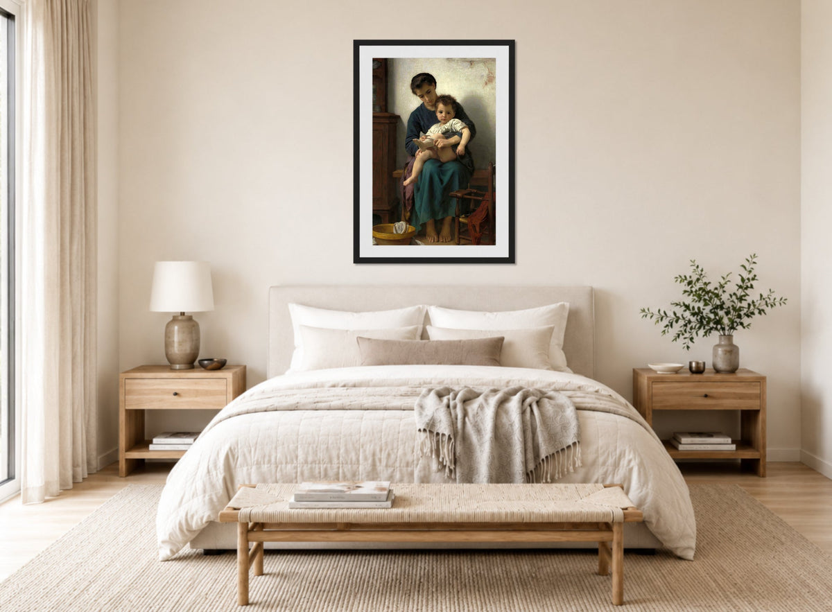 William-Adolphe Bouguereau Print, La grande soeur (1877) displayed above a bed