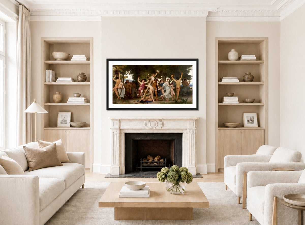 William-Adolphe Bouguereau Print, La Jeunesse de Bacchus (The Youth of Bacchus) (1884) displayed in a Scandinavian living room