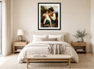 William-Adolphe Bouguereau Print, La leçon de flûte (1868) displayed above a bed