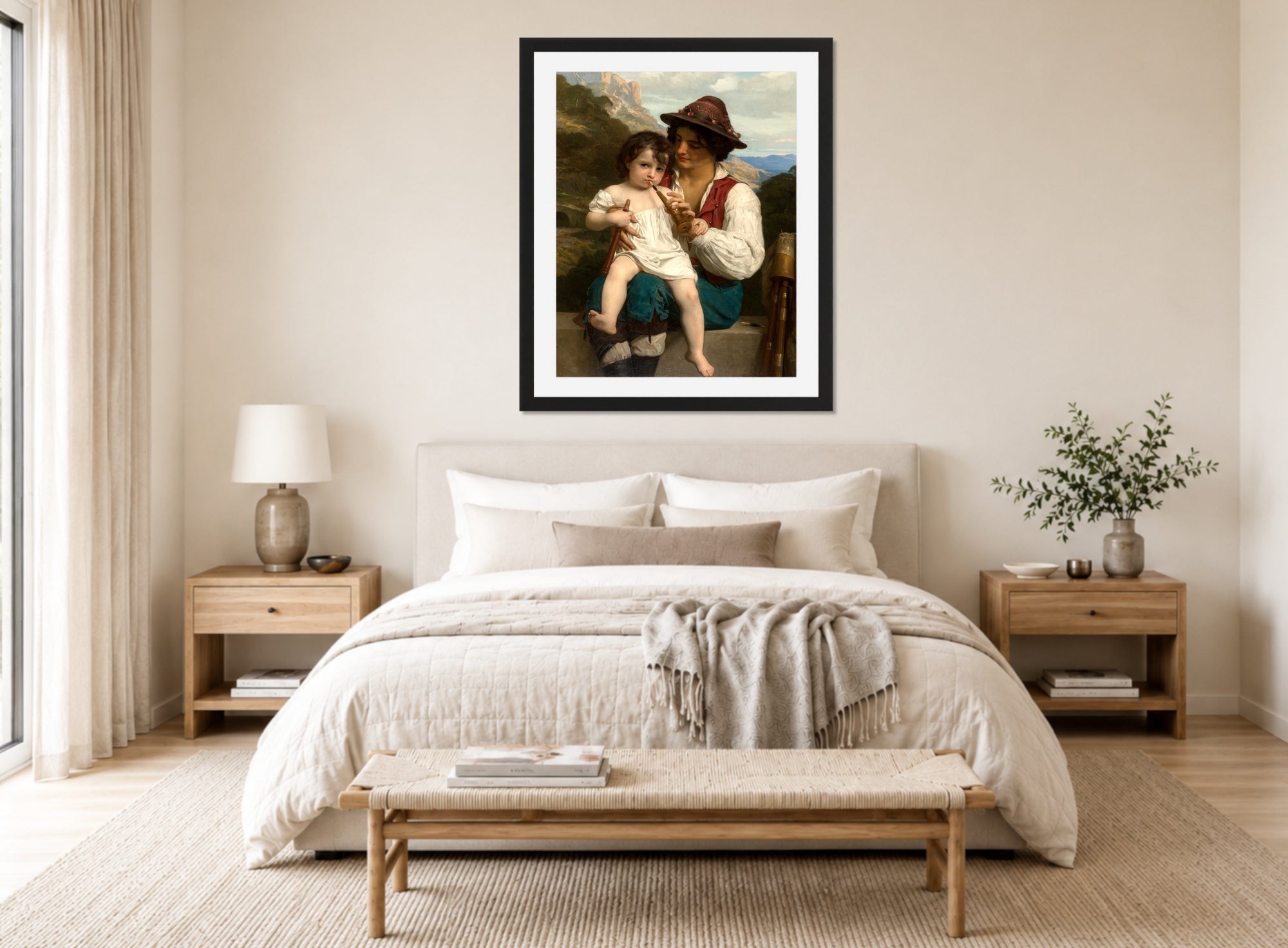 William-Adolphe Bouguereau Print, La leçon de flûte (1868) displayed above a bed
