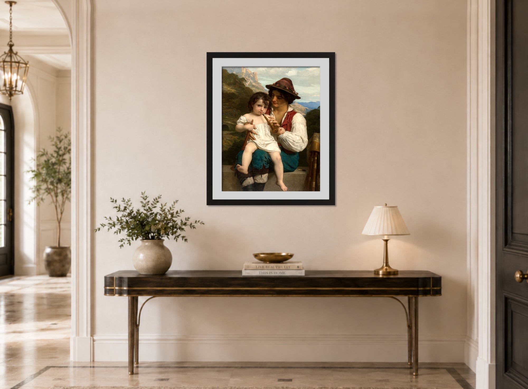 William-Adolphe Bouguereau Print, La leçon de flûte (1868) displayed above a console table