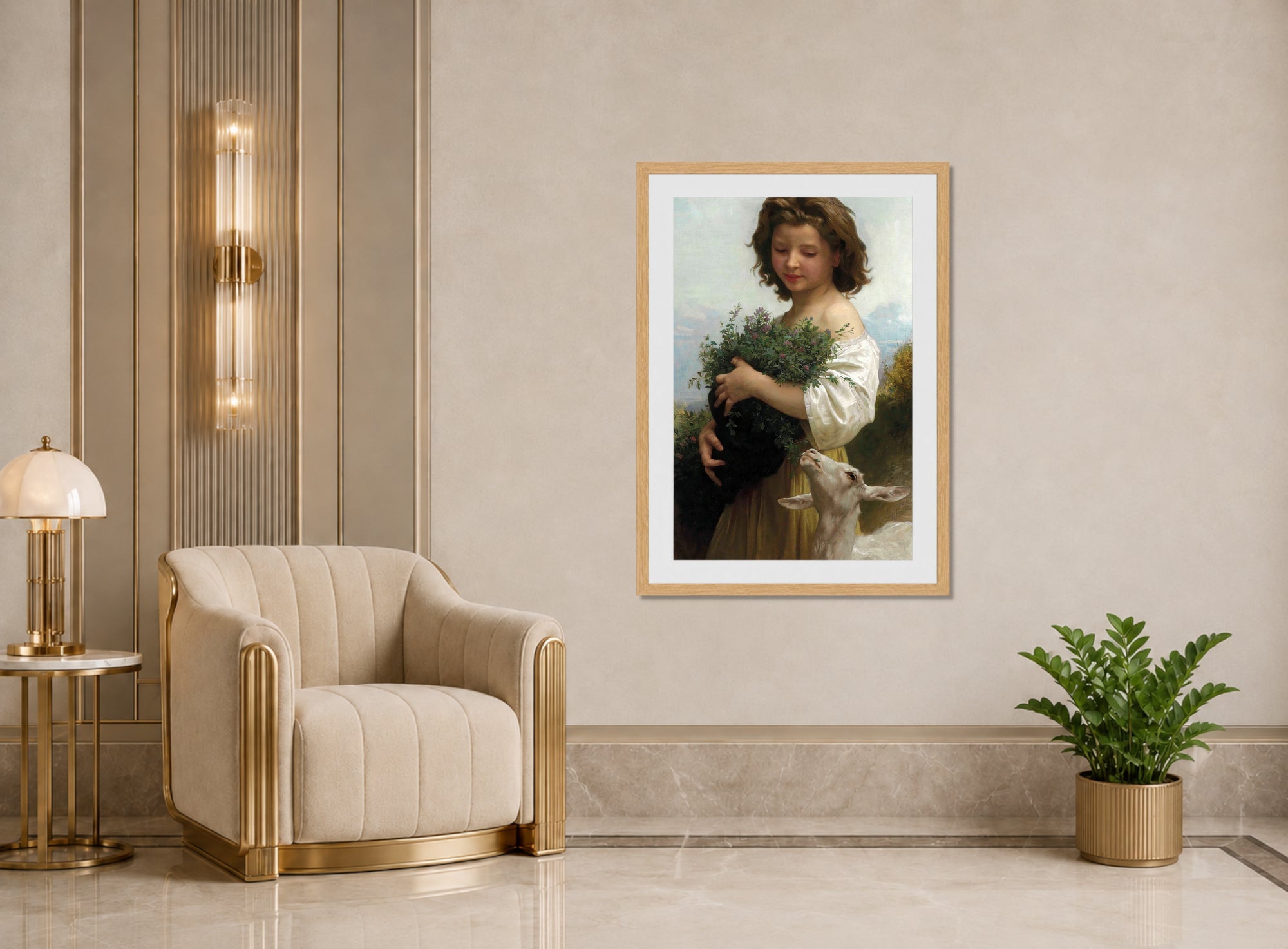 William-Adolphe Bouguereau Print, La petite Esméralda displayed in an Art Deco interior
