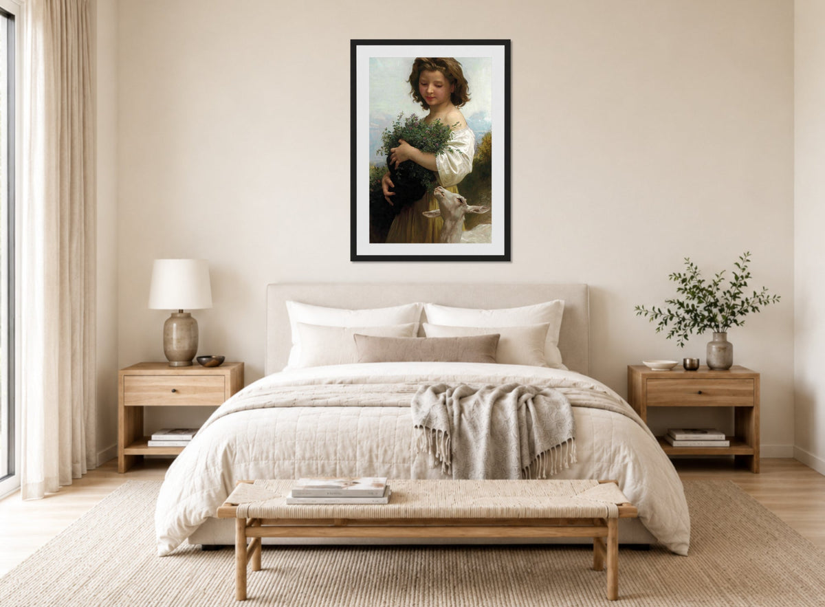 William-Adolphe Bouguereau Print, La petite Esméralda displayed above a bed