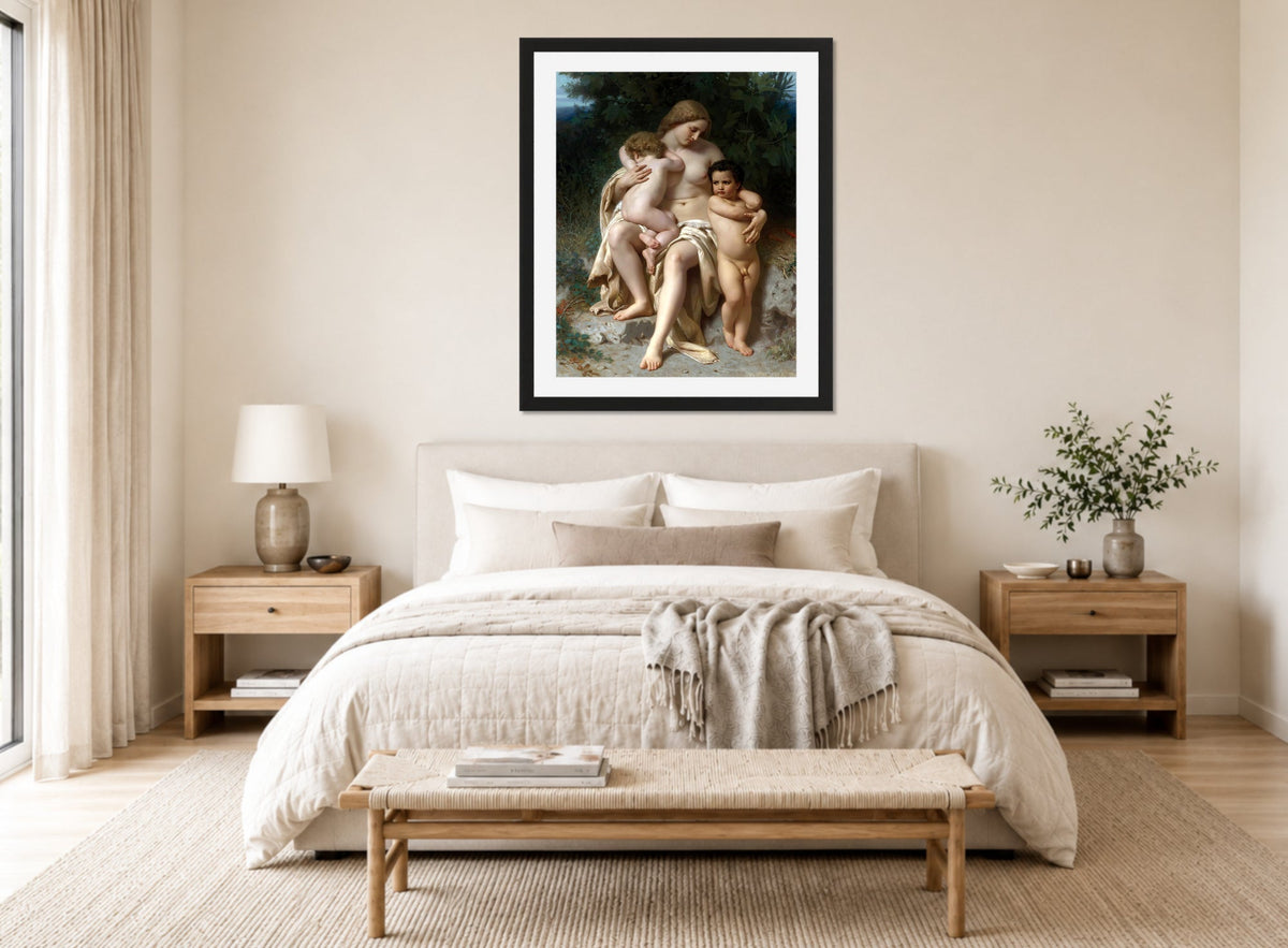 William-Adolphe Bouguereau Print, La Première Discorde (Cain And Abel) (1861) displayed above a bed