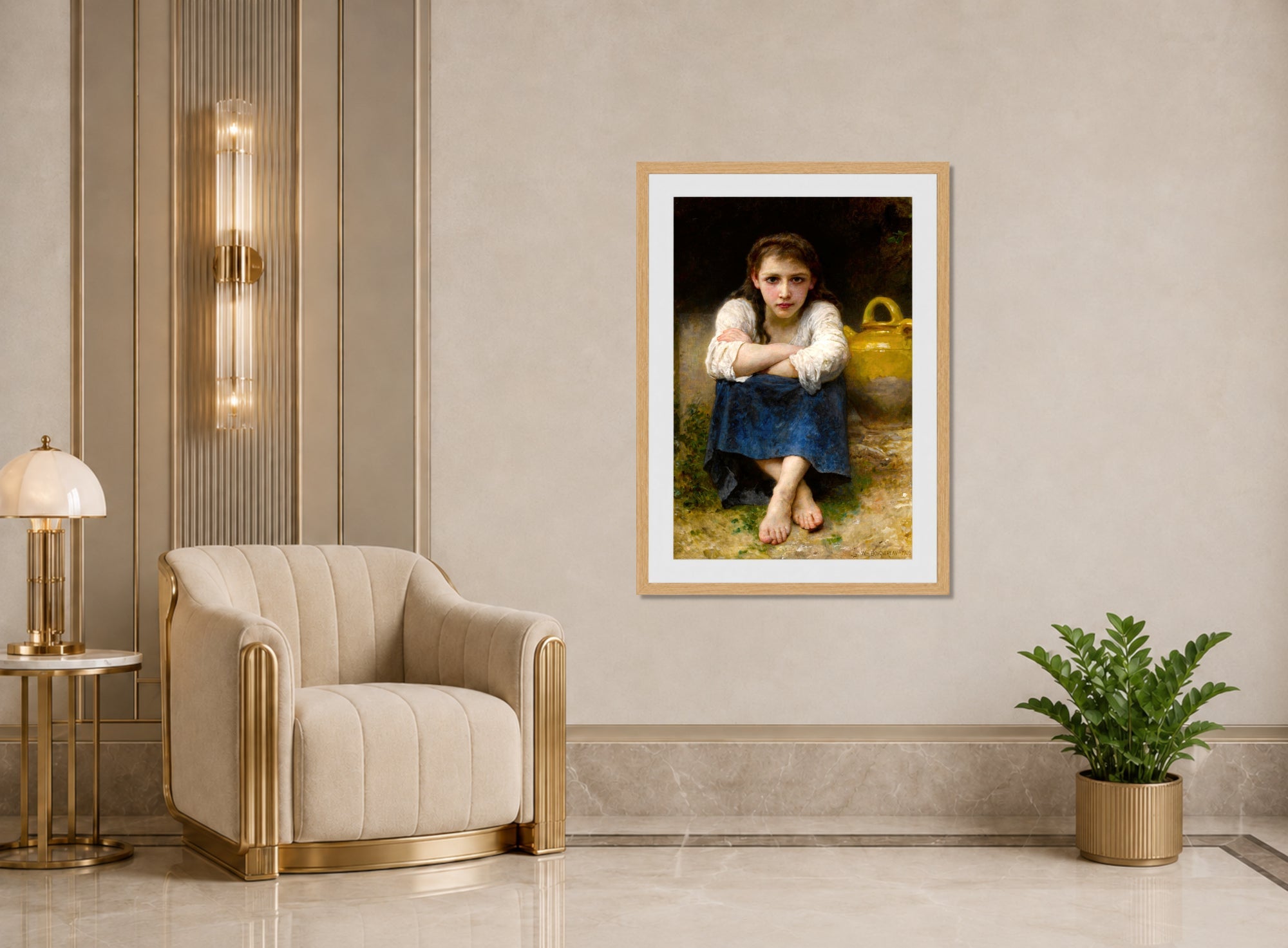 William-Adolphe Bouguereau Print, La sérieuse (1905) displayed in an Art Deco interior