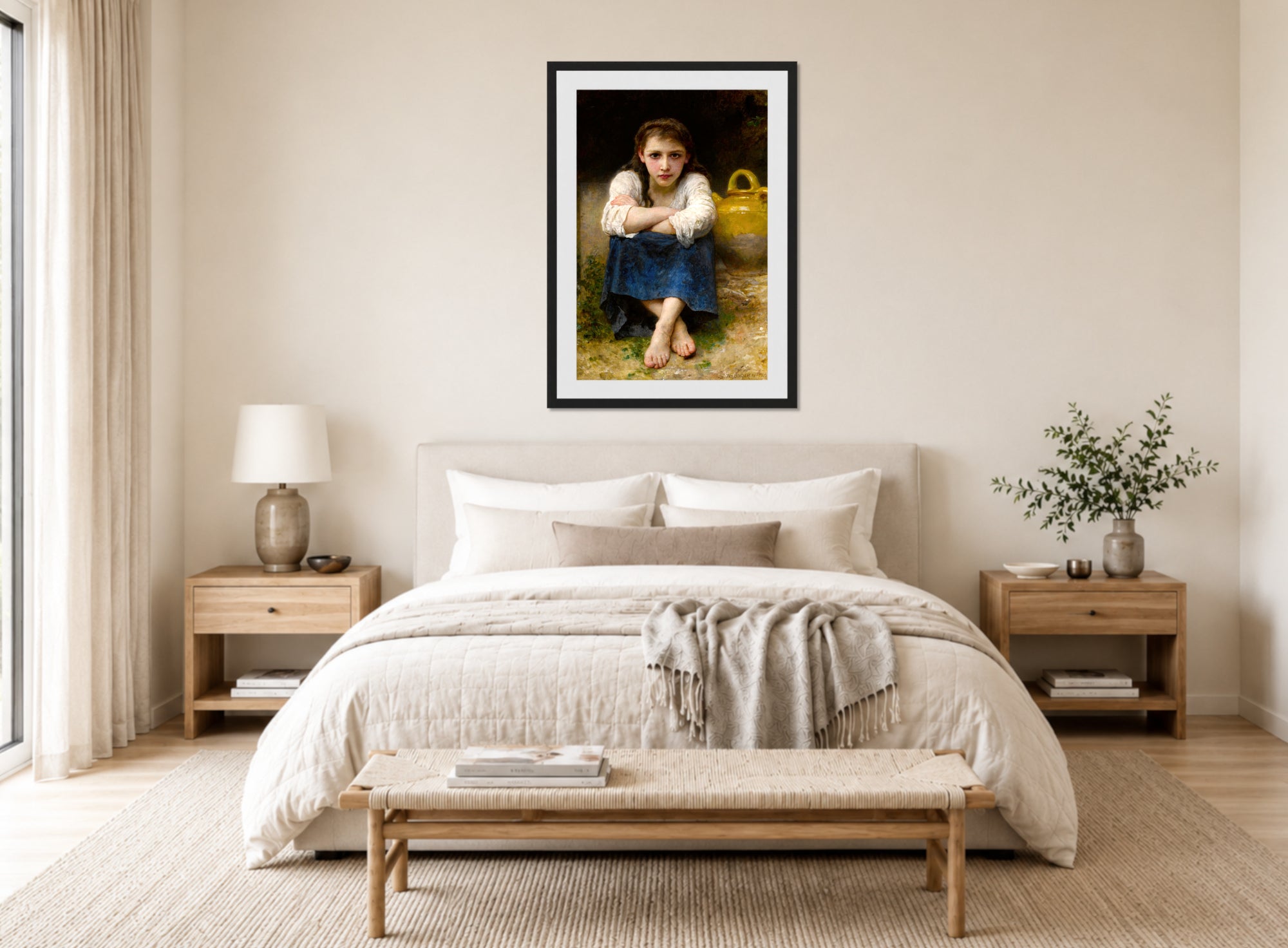 William-Adolphe Bouguereau Print, La sérieuse (1905) displayed above a bed