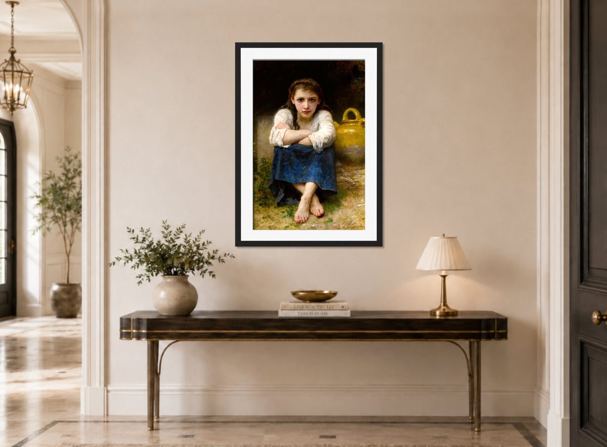 William-Adolphe Bouguereau Print, La sérieuse (1905) displayed above a console table