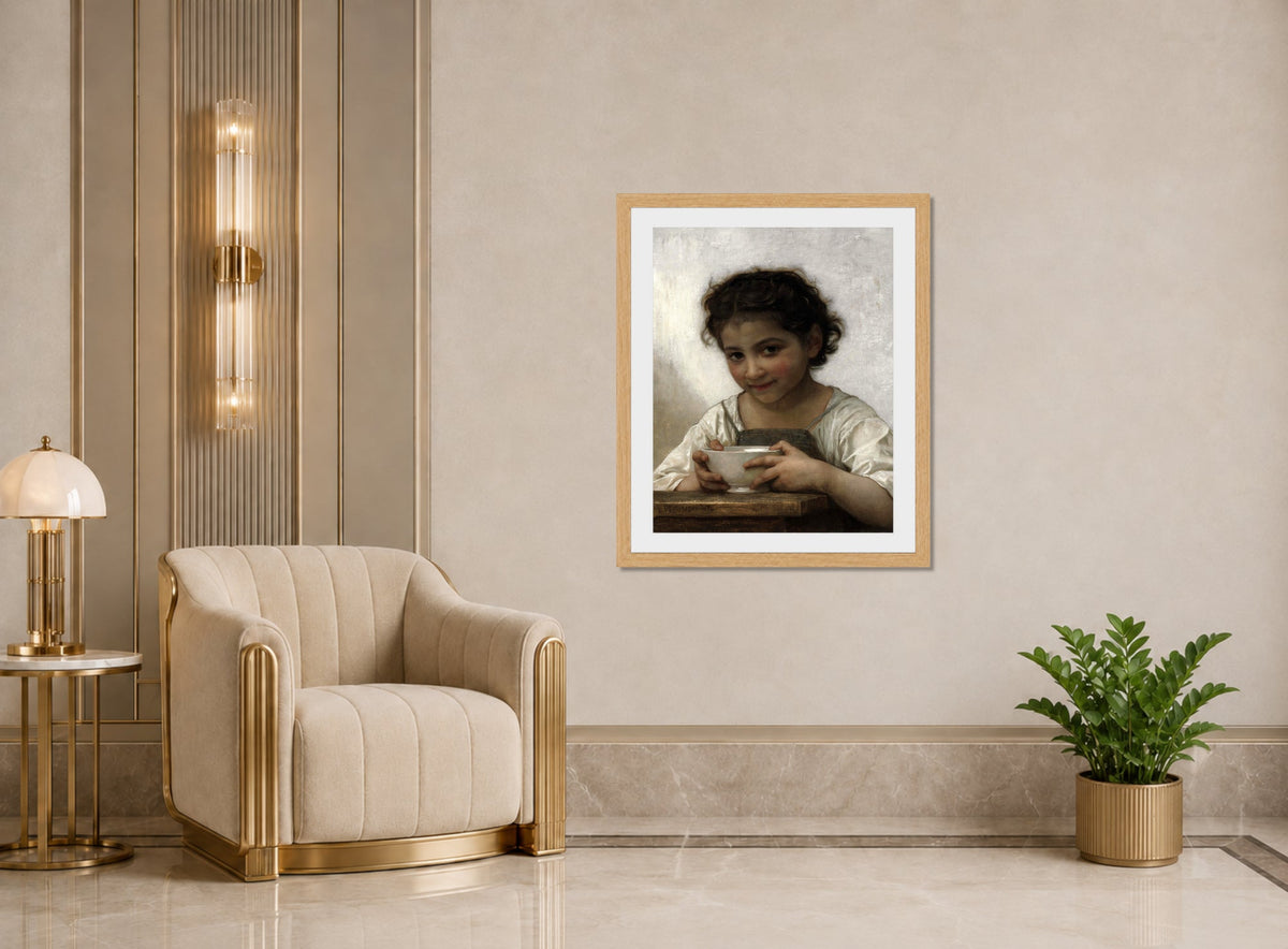 William-Adolphe Bouguereau Print, La soupe au lait (1880) displayed in an Art Deco interior