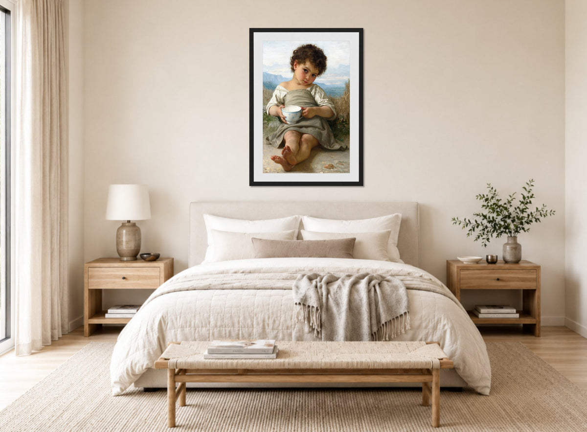 William-Adolphe Bouguereau Print, La Tasse De Lait (1879) displayed above a bed