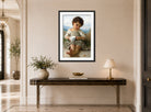 William-Adolphe Bouguereau Print, La Tasse De Lait (1879) displayed above a console table