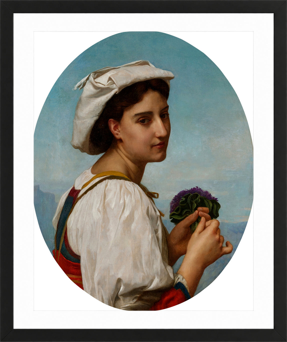 William-Adolphe Bouguereau Print, Le Bouquet de violettes (1870) in a black frame