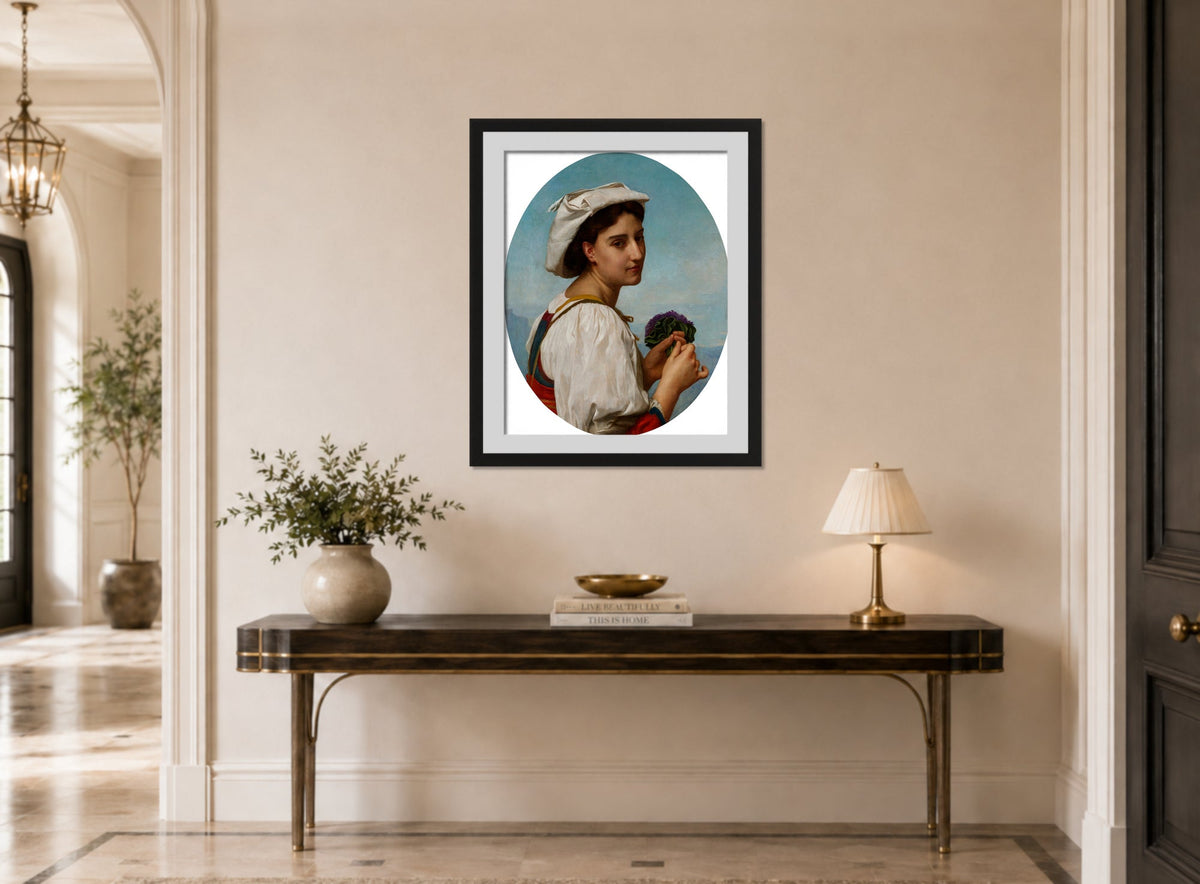 William-Adolphe Bouguereau Print, Le Bouquet de violettes (1870) displayed above a console table