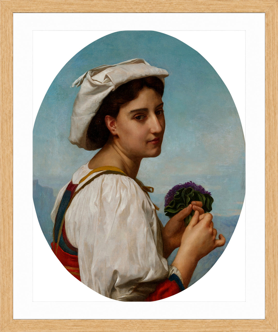 William-Adolphe Bouguereau Print, Le Bouquet de violettes (1870) in a light oak frame