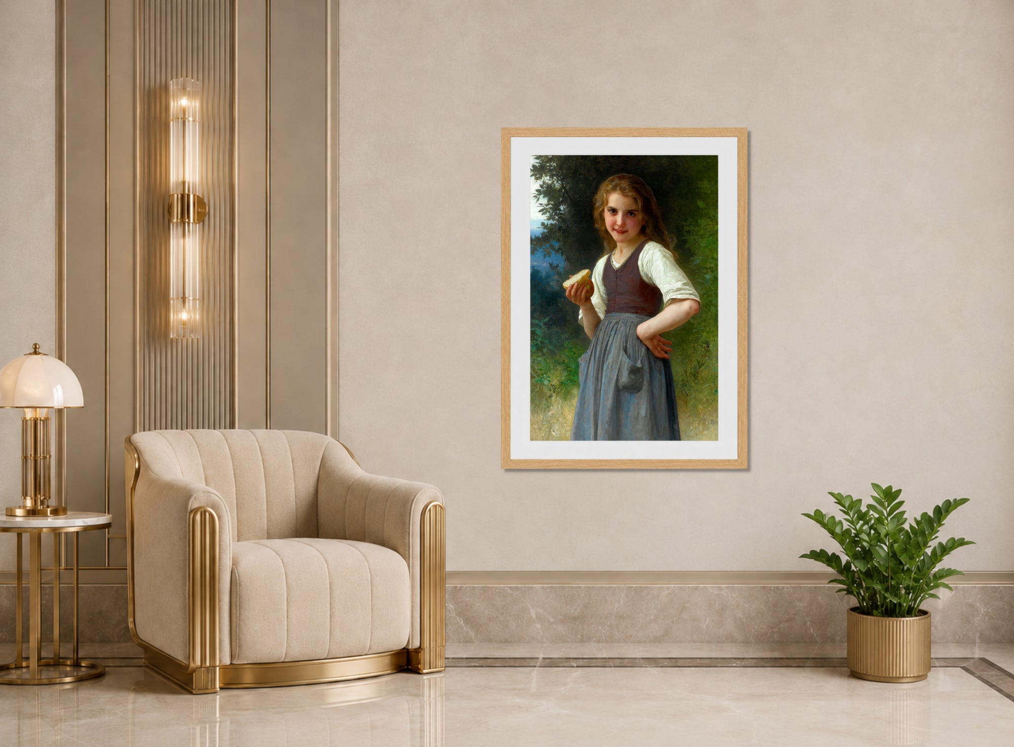 William-Adolphe Bouguereau Print, Le Goûter Aux Champs (1891) displayed in an Art Deco interior