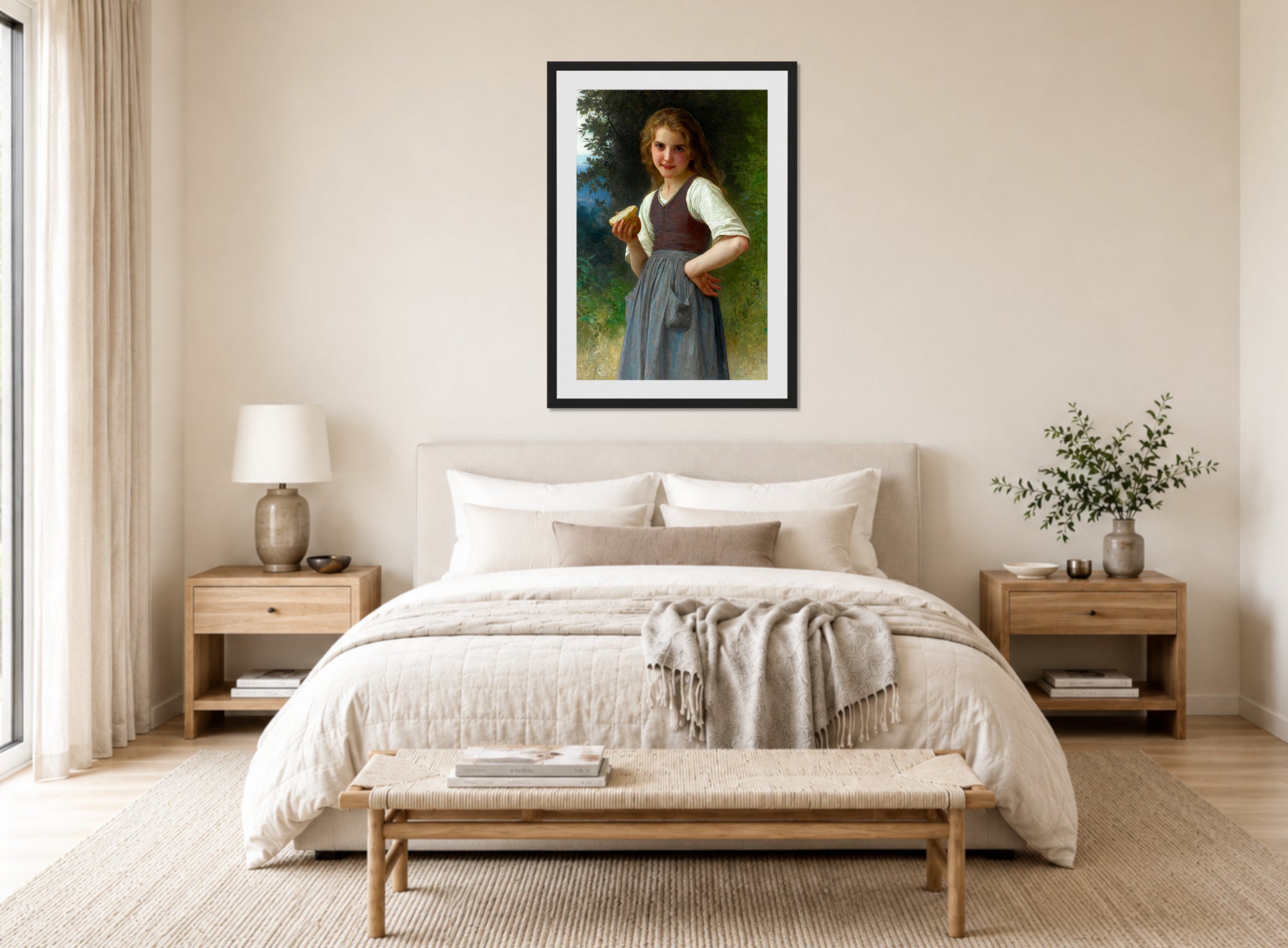 William-Adolphe Bouguereau Print, Le Goûter Aux Champs (1891) displayed above a bed