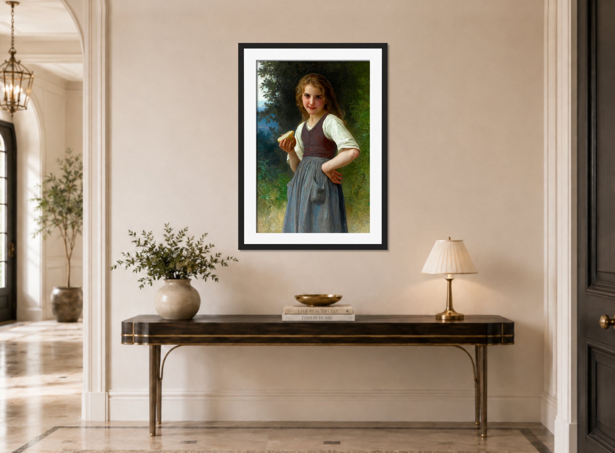 William-Adolphe Bouguereau Print, Le Goûter Aux Champs (1891) displayed above a console table
