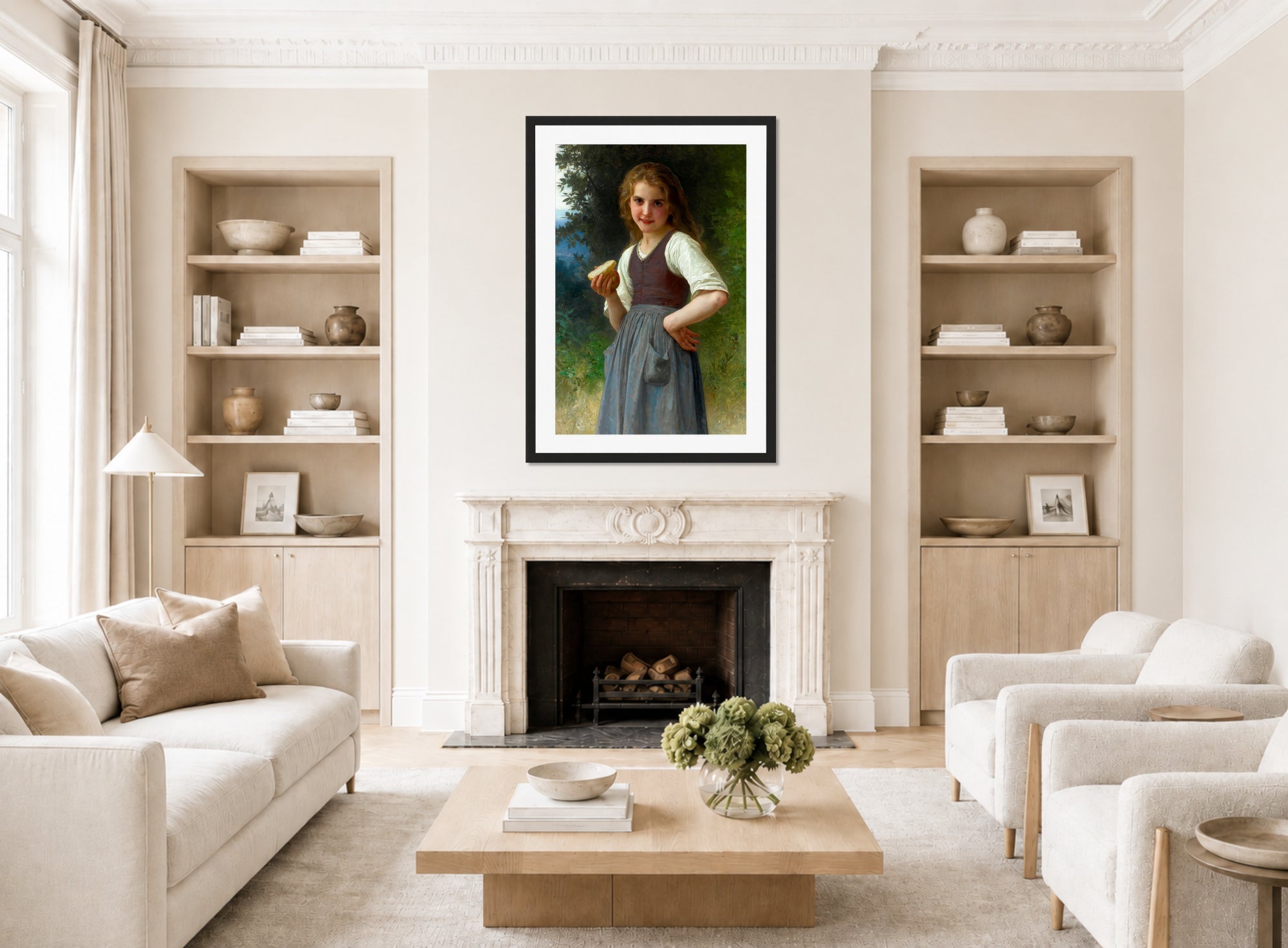 William-Adolphe Bouguereau Print, Le Goûter Aux Champs (1891) displayed in a Scandinavian living room