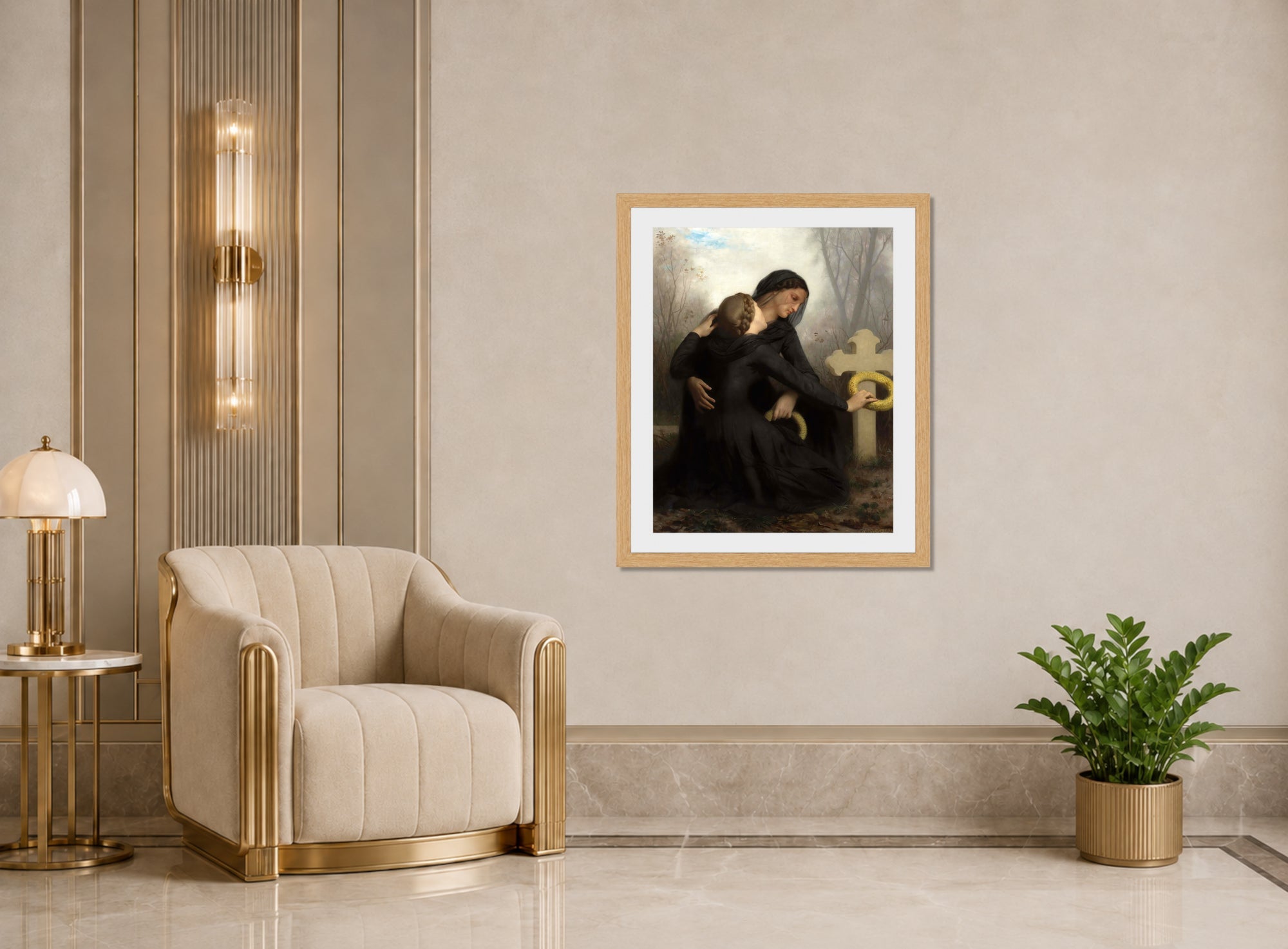 William-Adolphe Bouguereau Print, Le Jour Des Morts (All Saints Day) displayed in an Art Deco interior