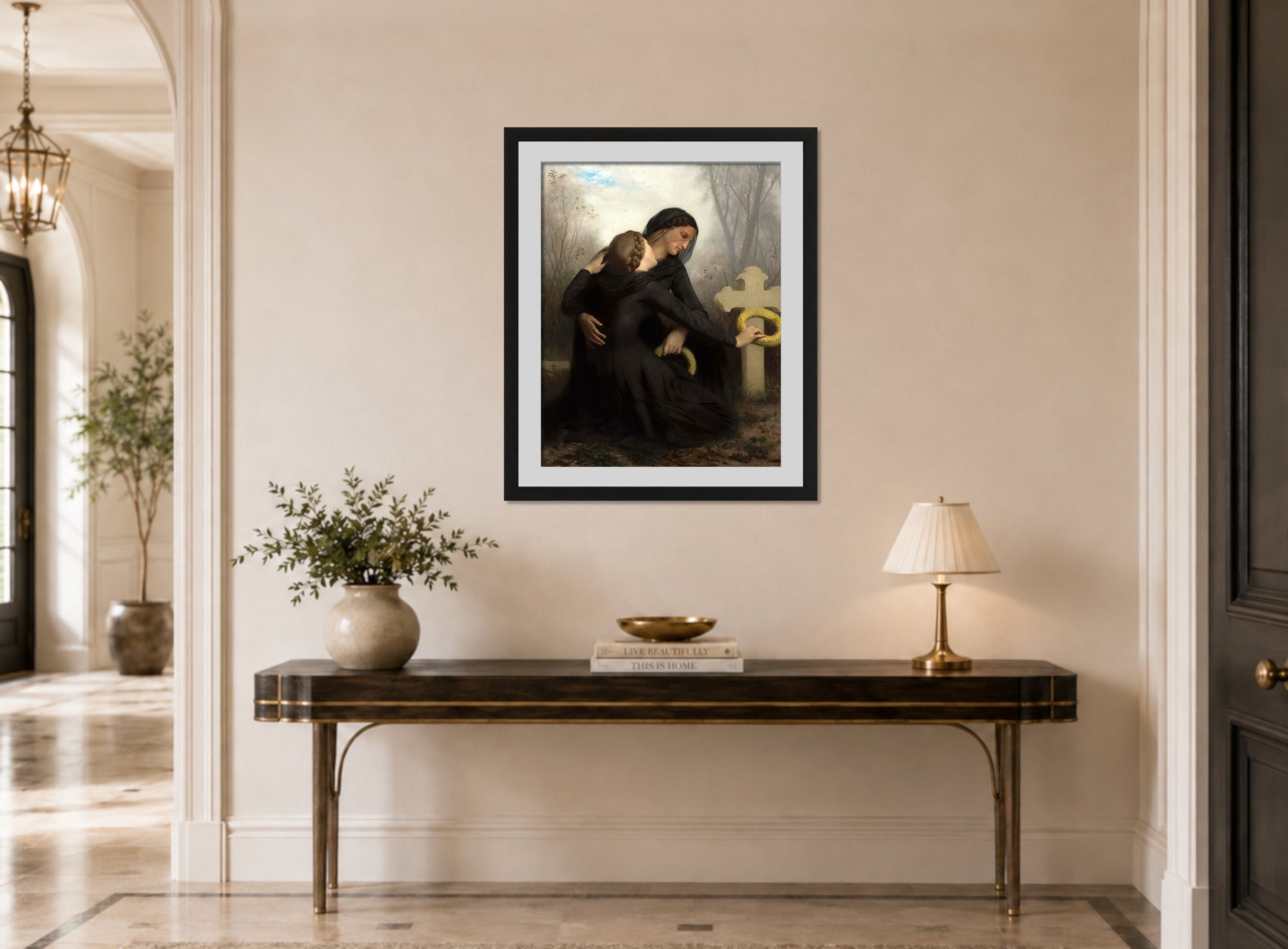 William-Adolphe Bouguereau Print, Le Jour Des Morts (All Saints Day) displayed above a console table
