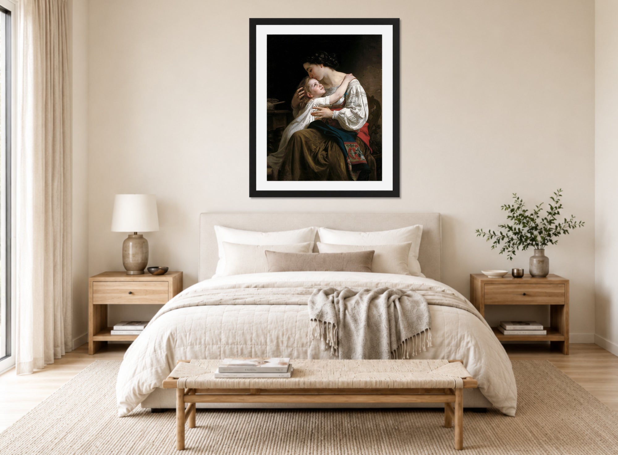 William-Adolphe Bouguereau Print, Le lever (1865) displayed above a bed