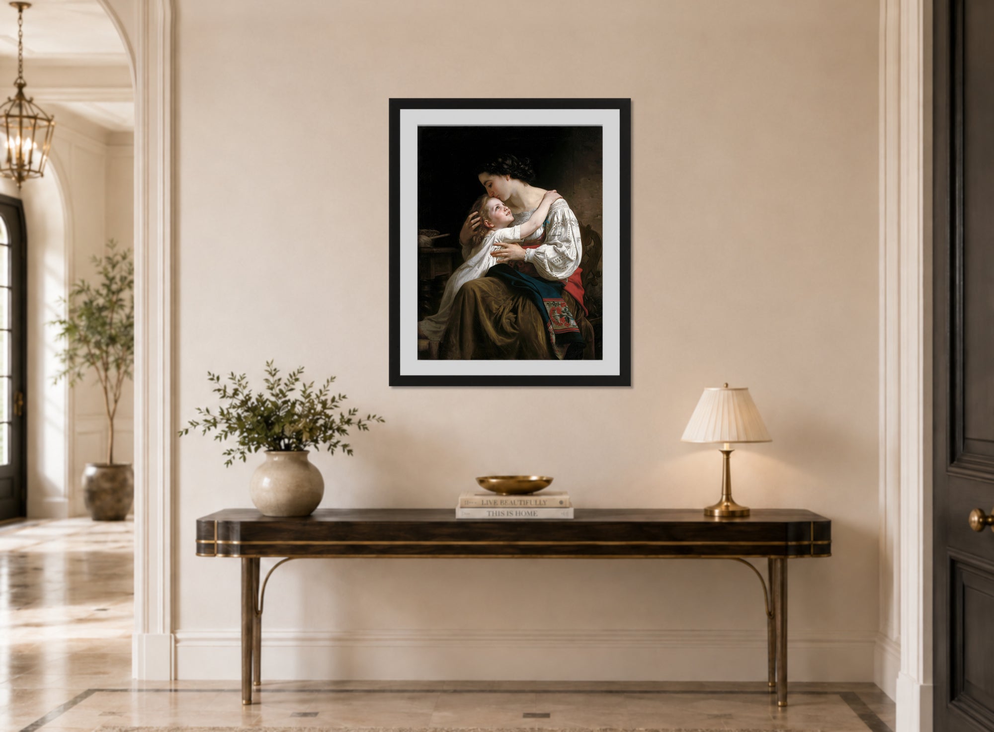 William-Adolphe Bouguereau Print, Le lever (1865) displayed above a console table
