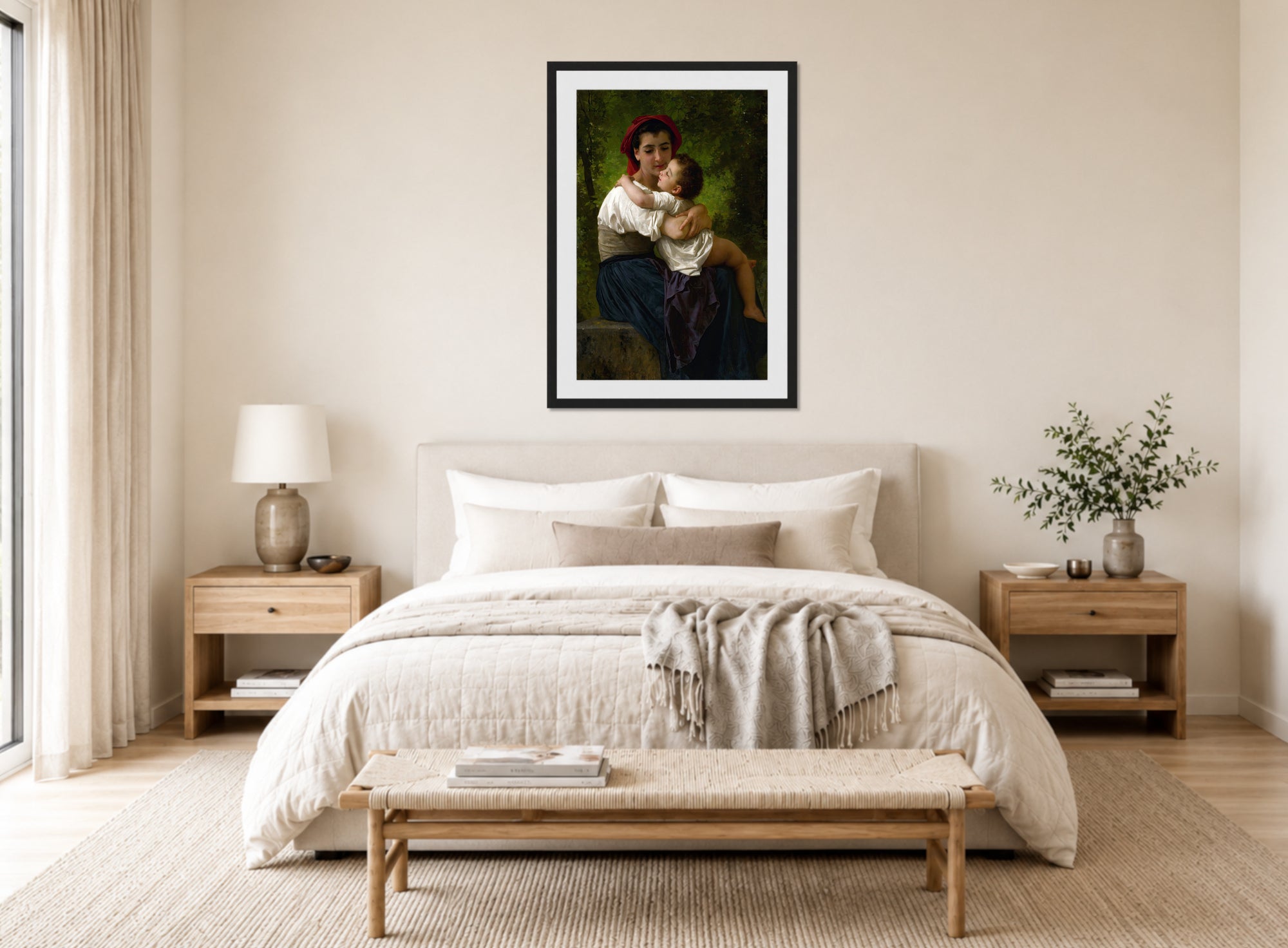 William-Adolphe Bouguereau Print, Le Petit Câlin (1878) displayed above a bed
