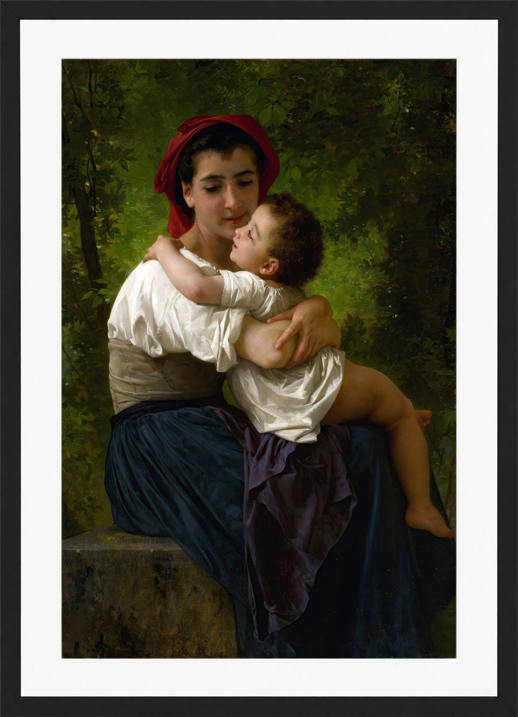 William-Adolphe Bouguereau Print, Le Petit Câlin (1878) in a black frame