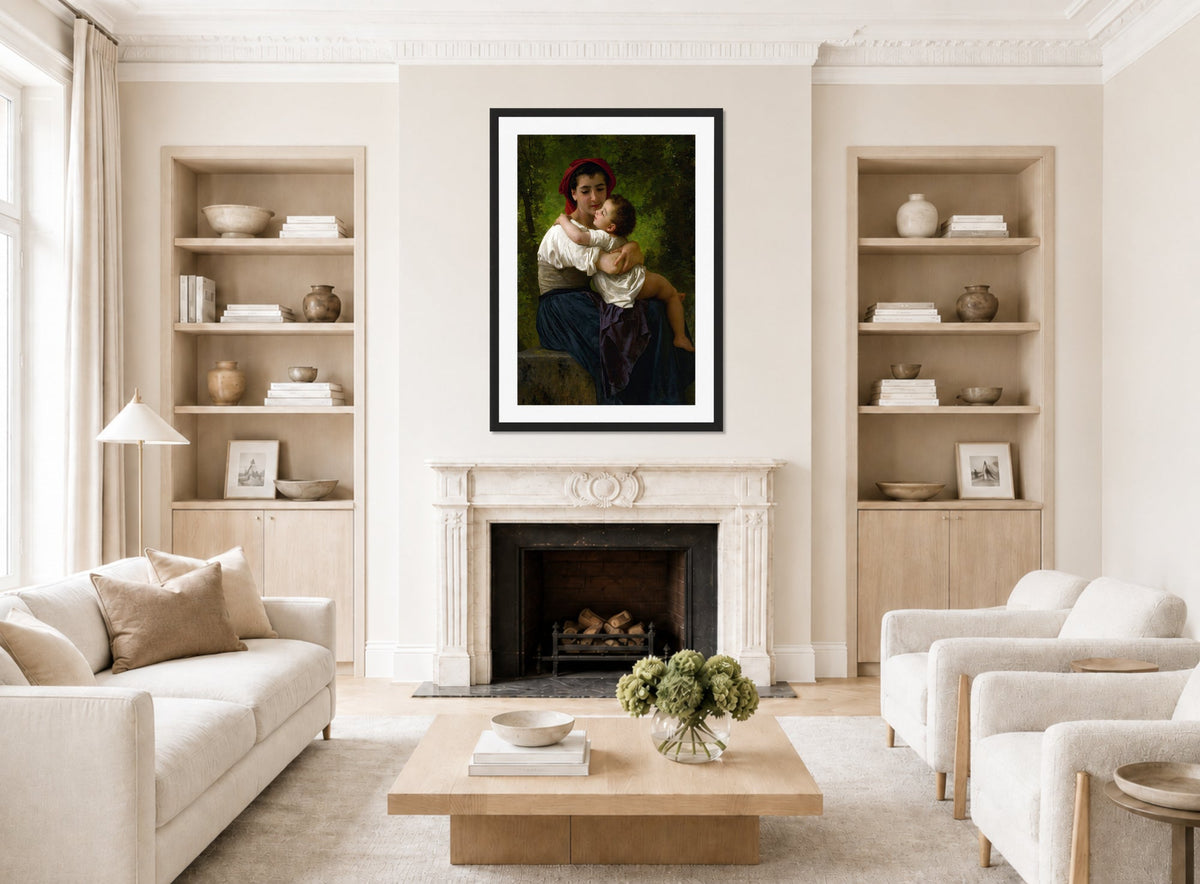 William-Adolphe Bouguereau Print, Le Petit Câlin (1878) displayed in a Scandinavian living room