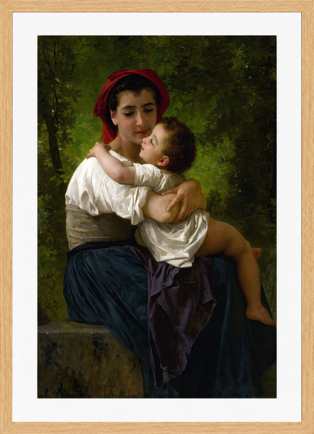 William-Adolphe Bouguereau Print, Le Petit Câlin (1878) in a light oak frame