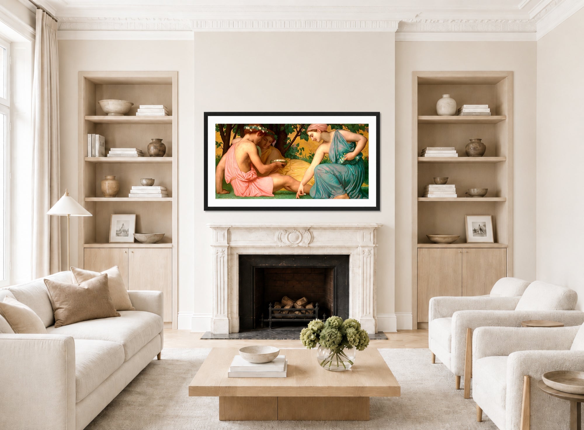 William-Adolphe Bouguereau Print, Le printemps (1858) displayed in a Scandinavian living room