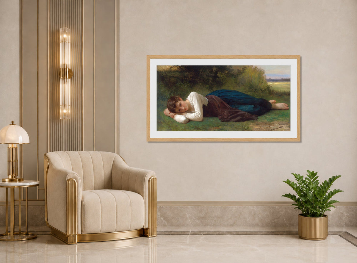 William-Adolphe Bouguereau Print, Le Repos (Jeune Fille Couchée) (1880) displayed in an Art Deco interior