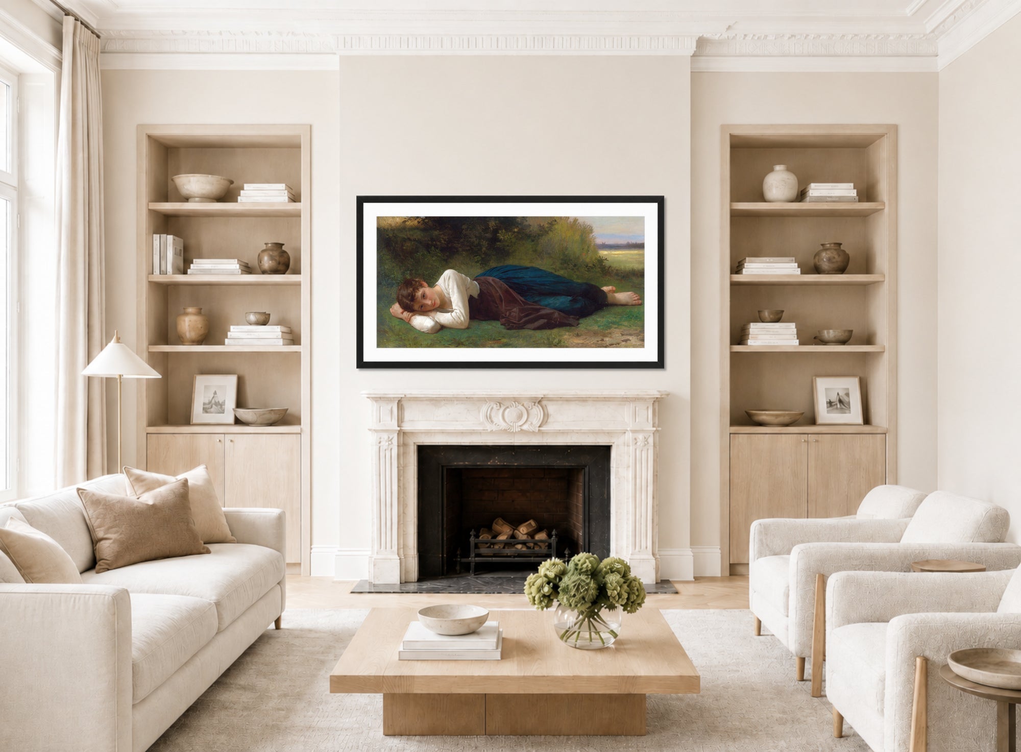 William-Adolphe Bouguereau Print, Le Repos (Jeune Fille Couchée) (1880) displayed in a Scandinavian living room