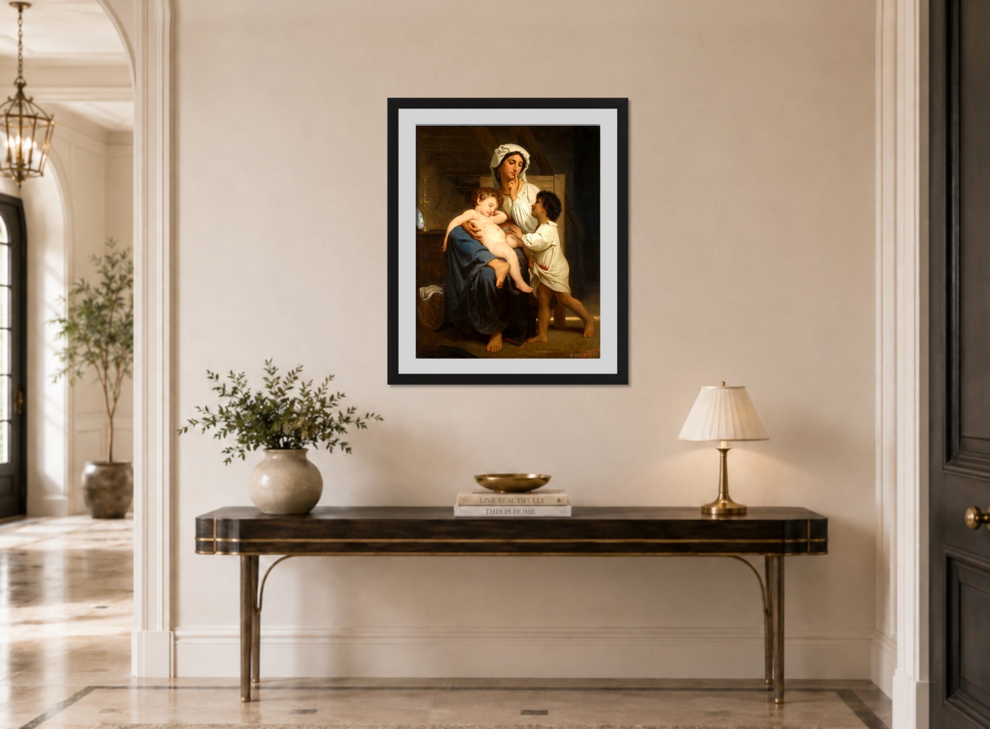 William-Adolphe Bouguereau Print, Le sommeil displayed above a console table