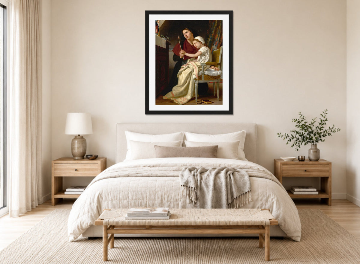 William-Adolphe Bouguereau Print, Le Voeu displayed above a bed
