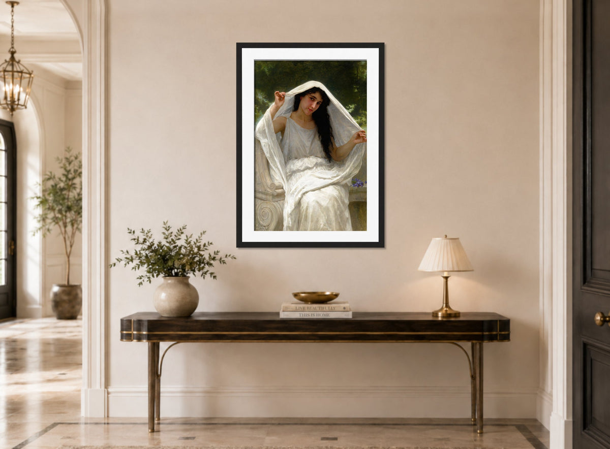 William-Adolphe Bouguereau Print, Le Voile (1898) displayed above a console table
