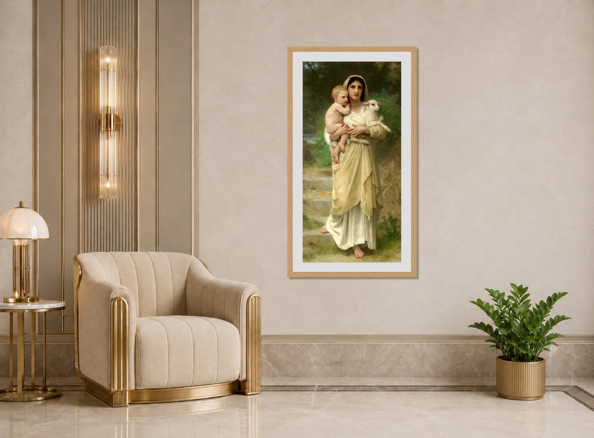 William-Adolphe Bouguereau Print, Les Agneaux (1897) displayed in an Art Deco interior