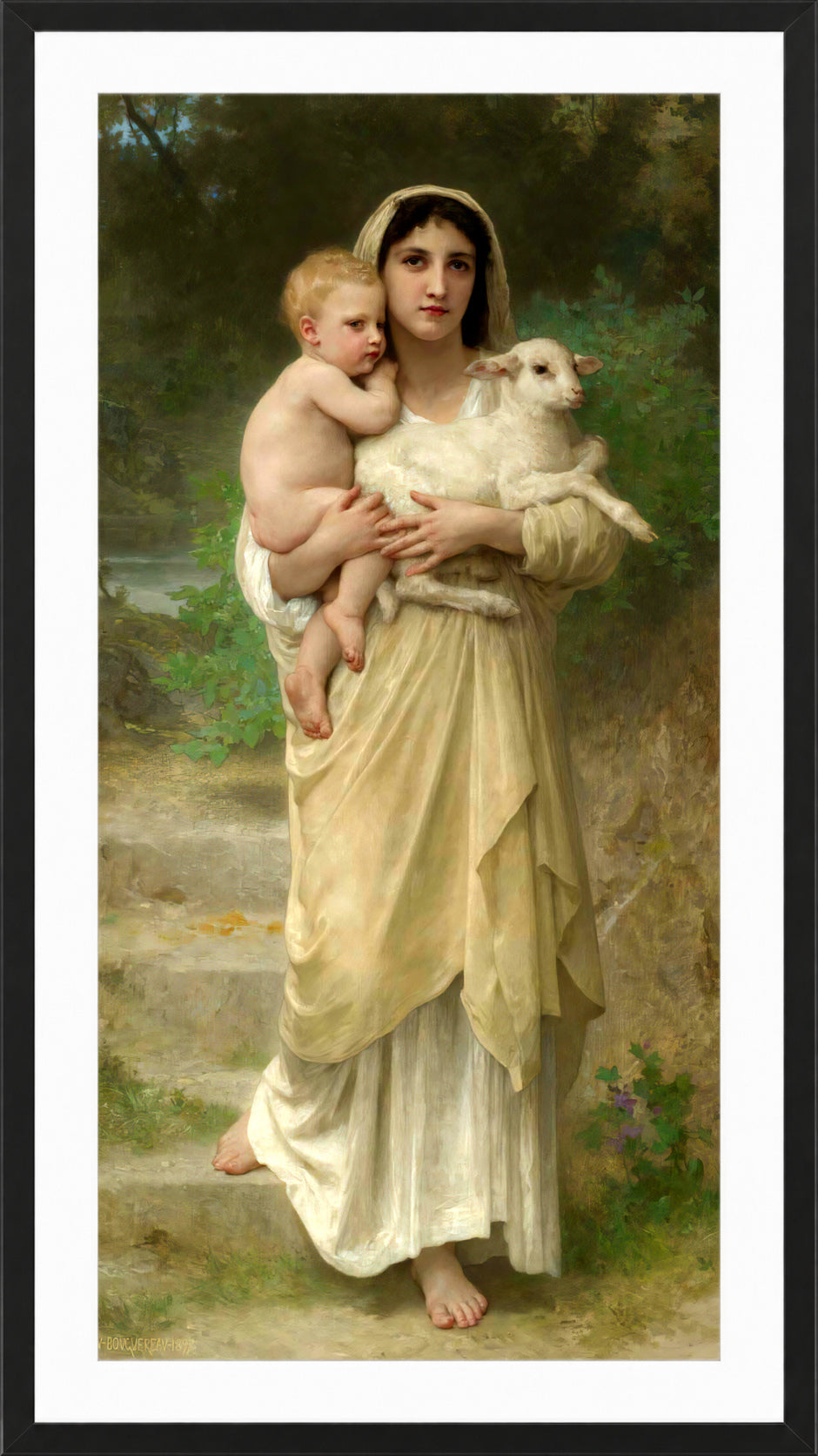William-Adolphe Bouguereau Print, Les Agneaux (1897) in a black frame