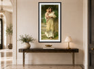 William-Adolphe Bouguereau Print, Les Agneaux (1897) displayed above a console table